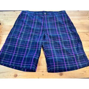 Callaway Golf Shorts Plaid Purple Gray Flat Front Mens Size 34